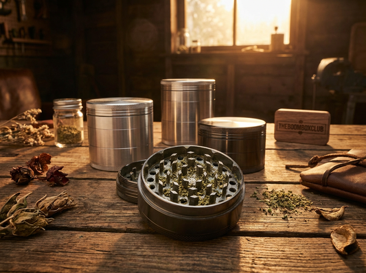 Premium collection of metallic aluminum and steel grinders displayed on wooden surface with grinding teeth detail visible, warm lighting, THEBOOMBOXCLUB aesthetic