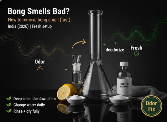 Dirty glass bong with resin buildup causing bad smell and stale taste