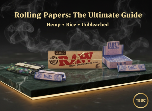 Collection of premium rolling papers including RAW organic, Juicy Jay's flavored, and Smoking deluxe papers