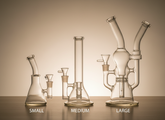 Small vs medium vs large glass bong size comparison on neutral background labelled SMALL MEDIUM LARGE — TBBC bong size guide India