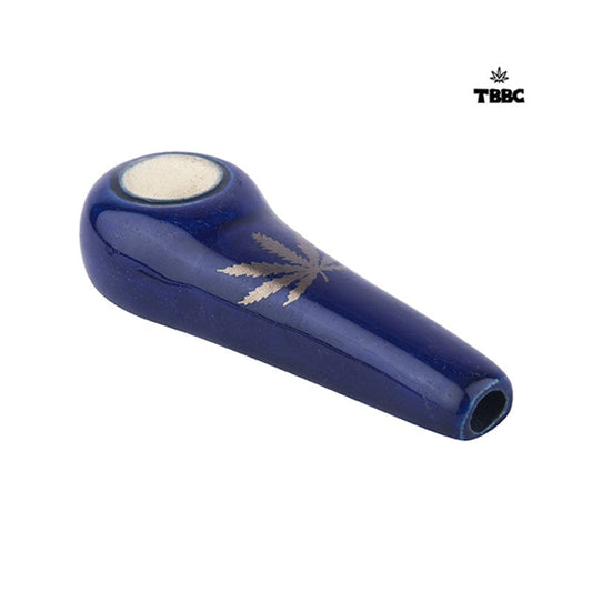 Royal blue 4-inch ceramic hand pipe with silver-tone leaf design, rounded bowl and glossy finish on a white background