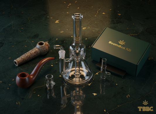TBBC smoking accessories lineup—chillums, glass bongs, hand pipes, bowls, and BoomBox Kit