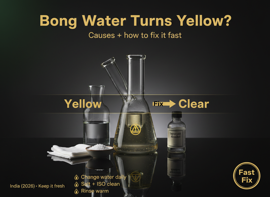Yellow bong water showing resin buildup and stale water causing harsh hits