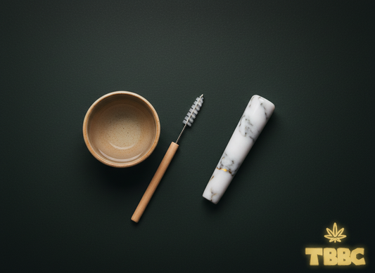 Stone and marble chillum care guide with chillum, pipe cleaners and lighter on dark premium background, TBBC