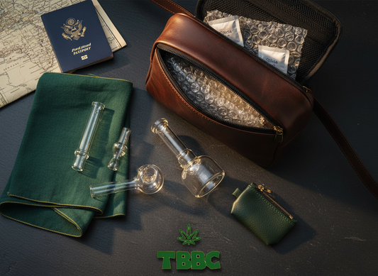 TBBC glass smoking accessories arranged with travel essentials, protective wrapping, and a travel map—showcasing portable, durable glass pieces for safe travel.