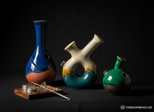Premium handcrafted ceramic bongs India — three artisan styles on dark luxury background, THEBOOMBOXCLUB