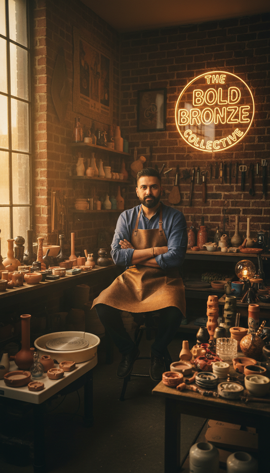 Indian artist in studio surrounded by handmade smoking accessories — TBBC Creator Spotlight