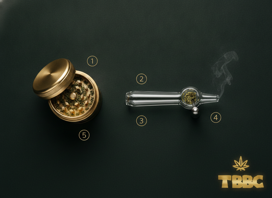 How to pack a chillum for smooth hits — step-by-step packing guide with TBBC glass chillum and herb grinder on dark surface