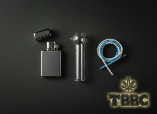 Glass chillum care guide showing clean glass chillum with pipe cleaners and lighter on dark premium background, TBBC