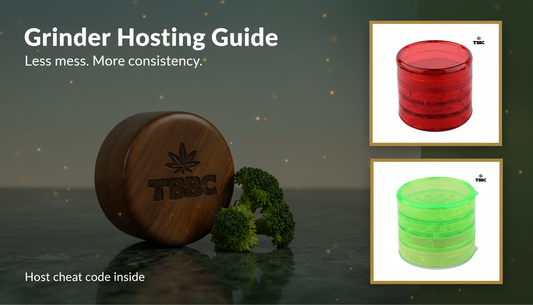 TBBC wooden herb grinder beside framed red and green acrylic grinders beneath Grinder Hosting Guide text on a dark background