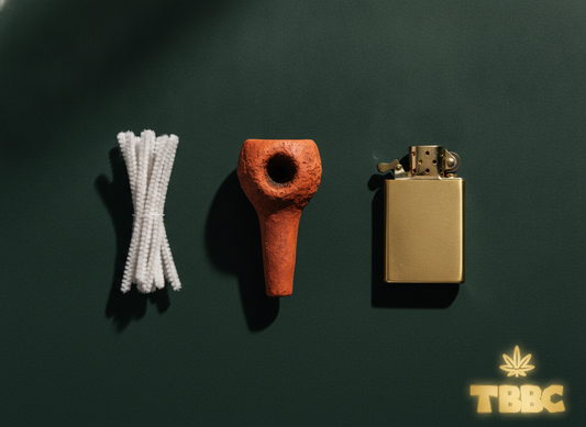 Clay chillum care guide showing clay chillum with pipe cleaners and lighter on dark premium background, TBBC