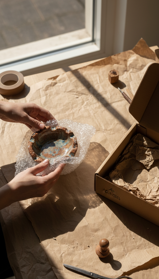 Hands wrapping a ceramic ashtray in bubble wrap with a shipping box — packaging guide for fragile handmade products on TBBC