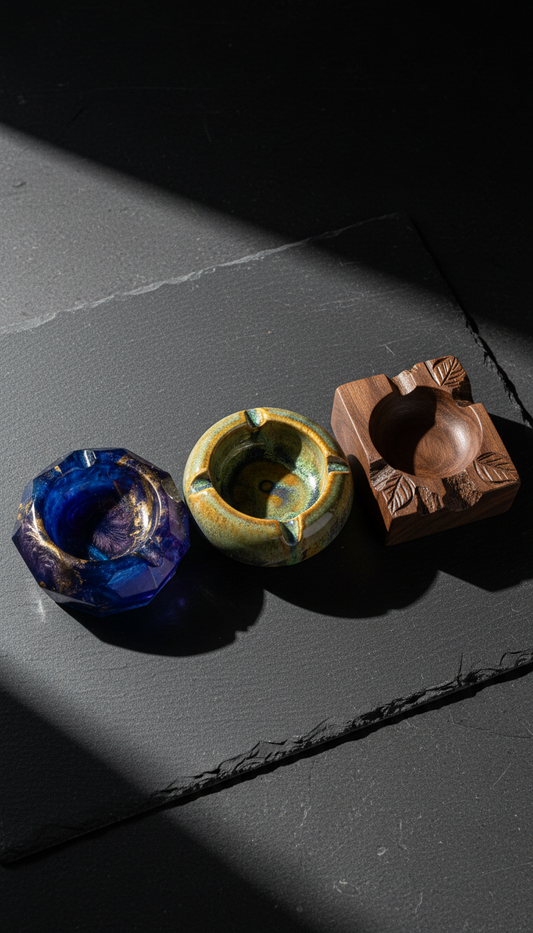 Three handmade ashtrays — resin, ceramic and wood — side by side on dark surface, TBBC material comparison guide
