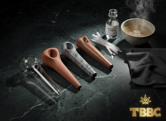 How to clean a chillum — glass, clay, stone, and wood chillum pipes with cleaning tools on dark marble surface, TBBC