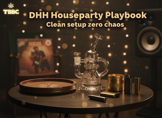 Houseparty hosting setup glass bong rolling base grinder lighter weed accessories