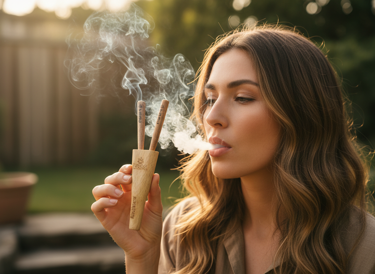 girl toking double barrel tbbc joint holder, 2 in 1 joint holder