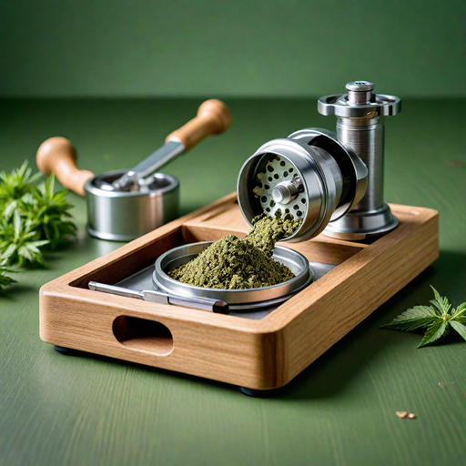 Silver metal weed grinder shown open with a collection compartment on a wooden prep tray against a green background