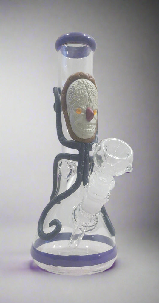 smoking Glass bong with purple rings and alien on a transparent background