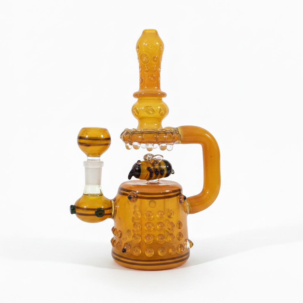 Honey Drip Amber Bong Rig 10 inch amber borosilicate glass rig with bee detail and 14mm joint on white background, collectible glass piece,
 bongs near me in delhi ncr instant delivery