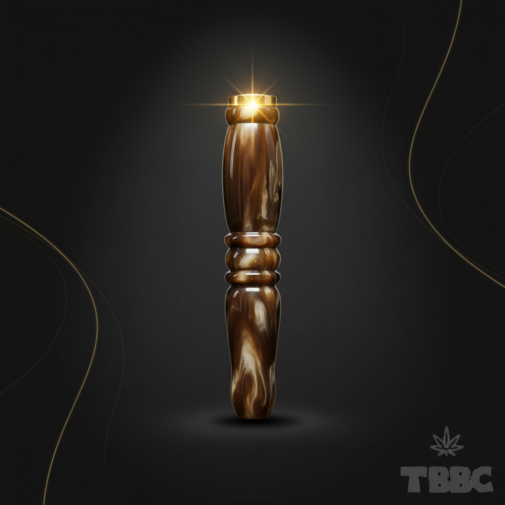 TBBC handcrafted big epoxy resin filter tip with brown swirl finish, brass ring and contoured body on dark luxury background