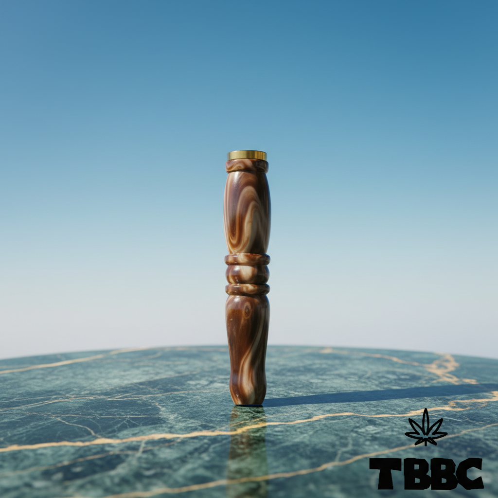 TBBC handcrafted big epoxy resin filter tip with brown swirl finish, brass ring and contoured body on marble and sky background