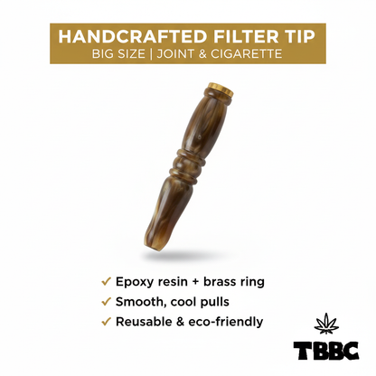 TBBC handcrafted big epoxy resin filter tip with brown swirl finish and brass ring, white background specifications infographic