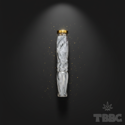 TBBC handcrafted big epoxy resin filter tip with marble grey swirls, brass ring and contoured body on dark luxury background