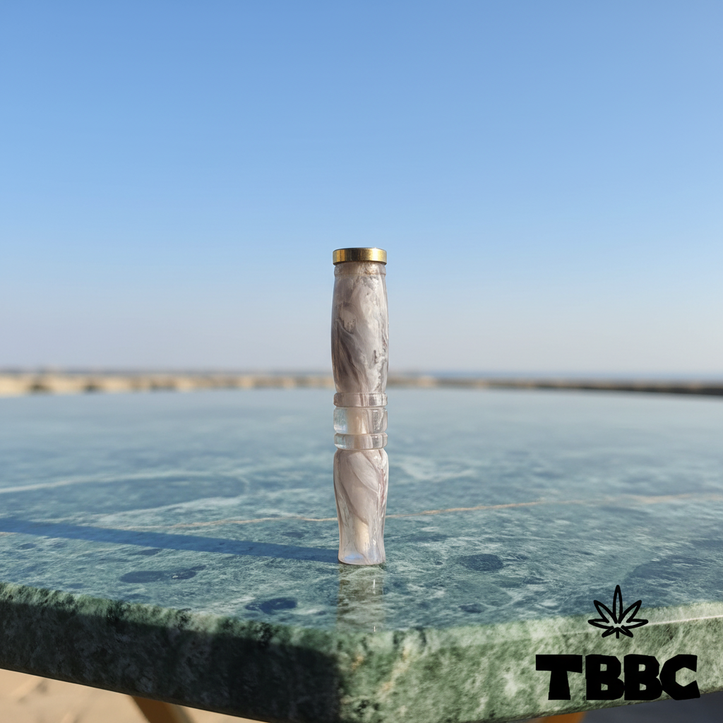 TBBC handcrafted big epoxy resin filter tip with marble grey swirls, brass ring and contoured body on marble and sky background
