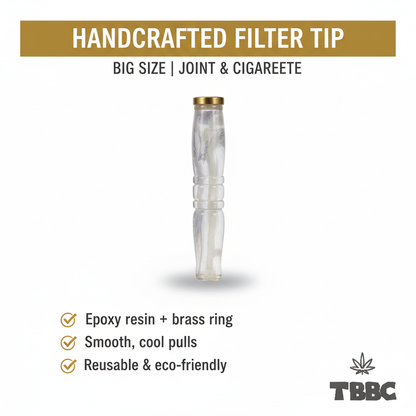 TBBC handcrafted big epoxy resin filter tip with marble grey swirls and brass ring, white background specifications infographic