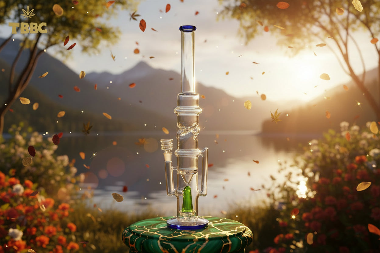 Glass water pipe with spiral design on a white background, featuring the TBBC logo.Lifestyle shot: Big Tornado bong in use