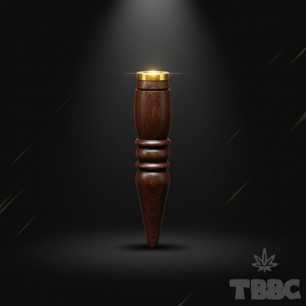 TBBC handcrafted big wooden filter tip with dark finish, brass ring, contoured grip and tapered end on dark luxury background