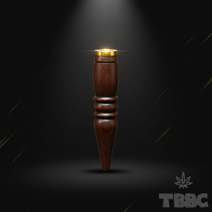 TBBC handcrafted big wooden filter tip with dark finish, brass ring, contoured grip and tapered end on dark luxury background
