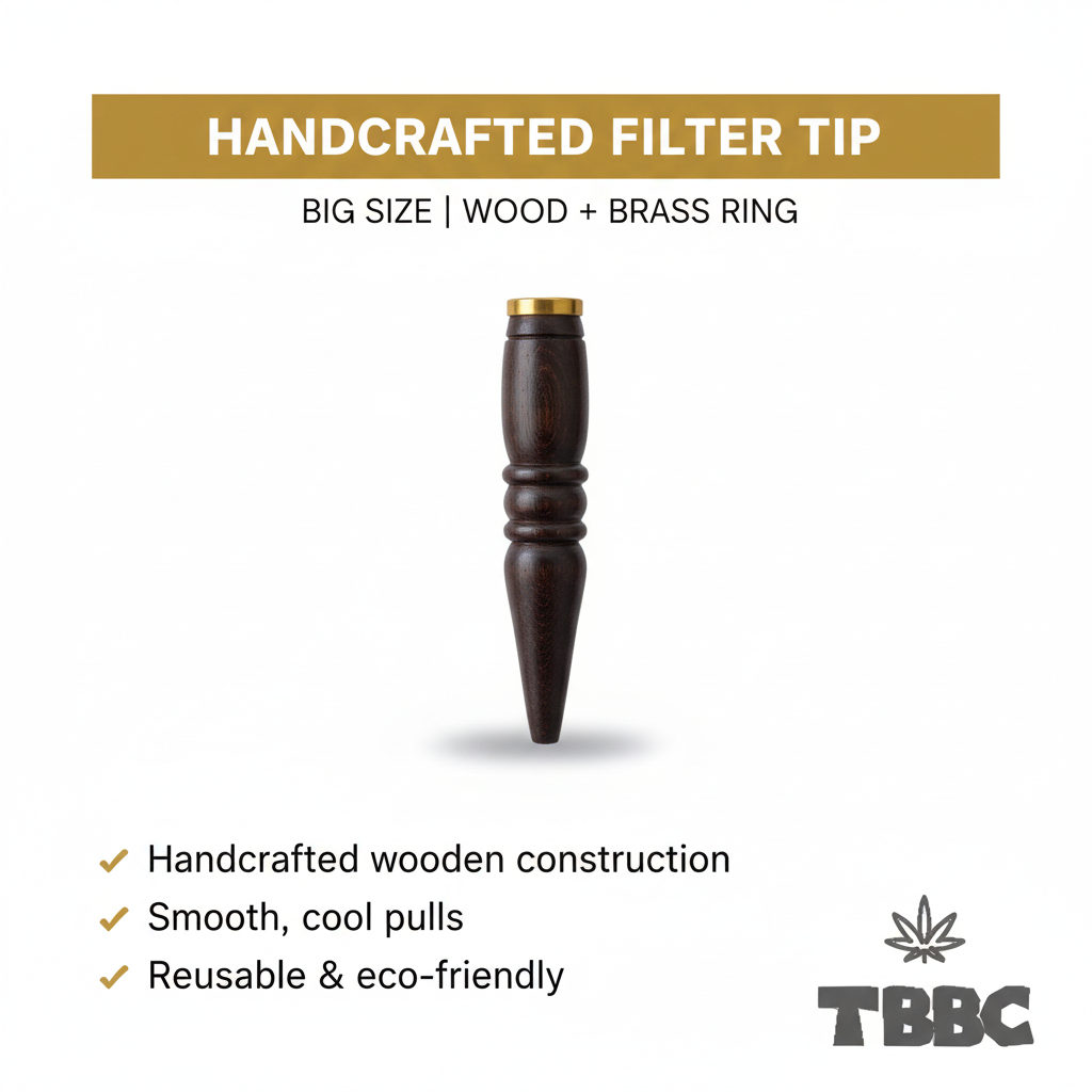 TBBC handcrafted big wooden filter tip with brass ring, dark finish and tapered end, white background specifications infographic