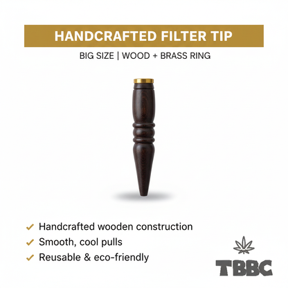 TBBC handcrafted big wooden filter tip with brass ring, dark finish and tapered end, white background specifications infographic