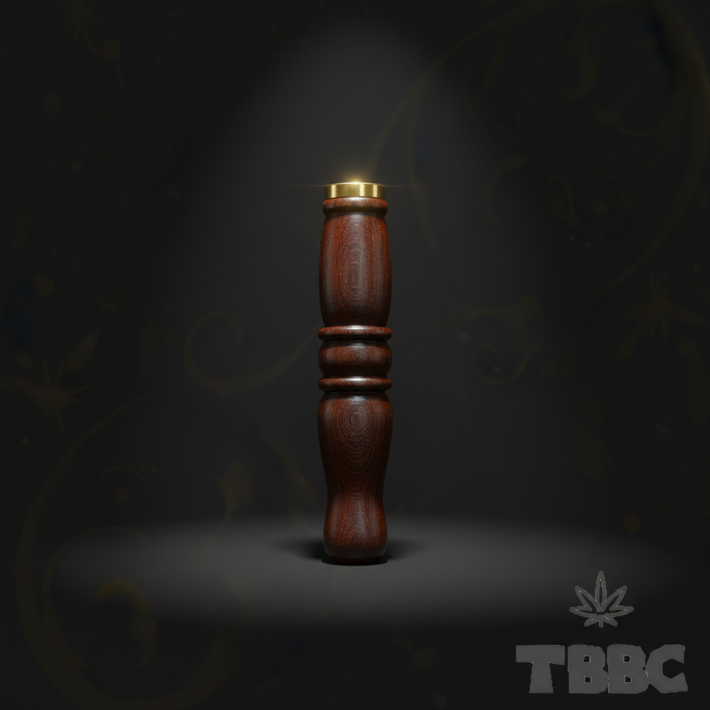 TBBC handcrafted big wooden filter tip in dark finish with brass ring and contoured body on dark luxury background