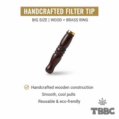 TBBC handcrafted big wooden filter tip in dark finish with brass ring and contoured body, white background specifications infographic