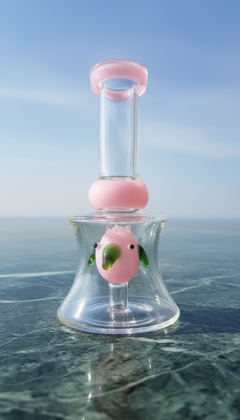 Glass water pipe with pink top and pink fish figure on a clear blue background