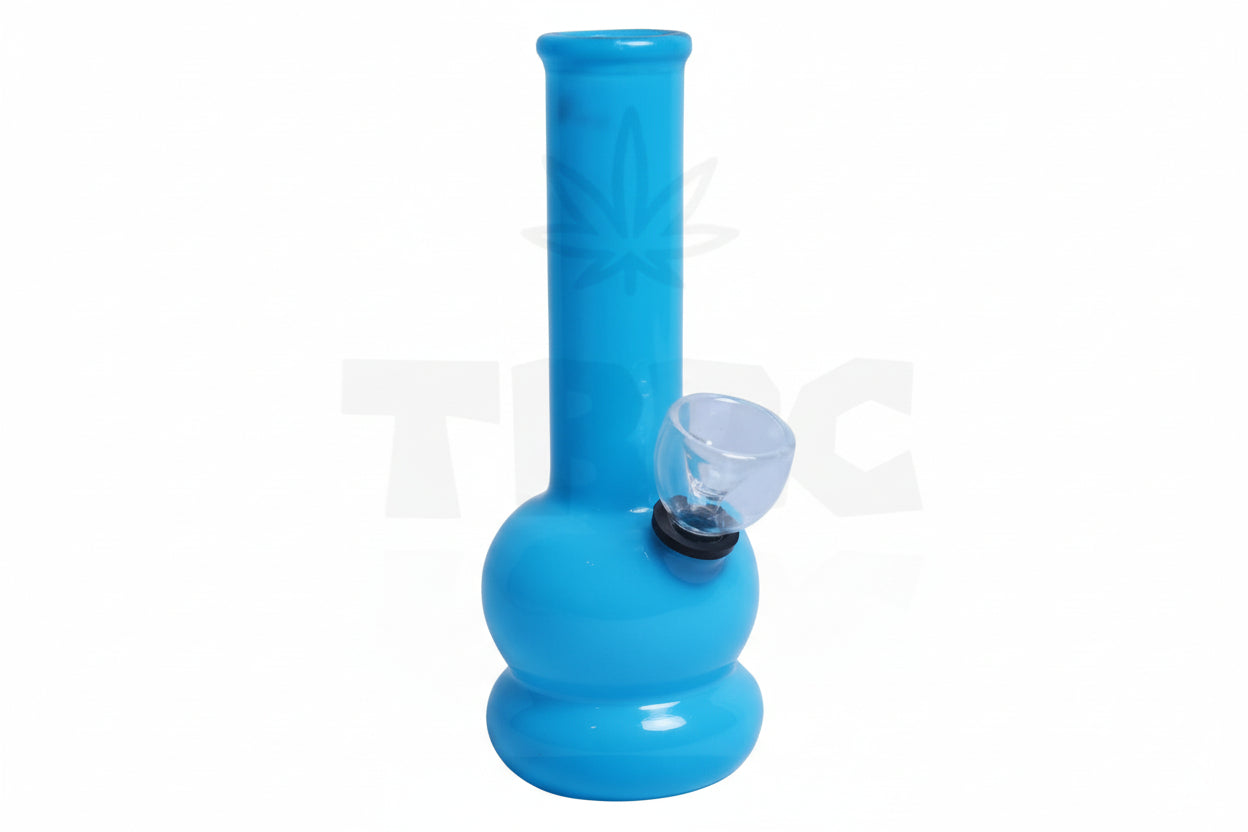 Blue glass water pipe on a white tbbc logo background