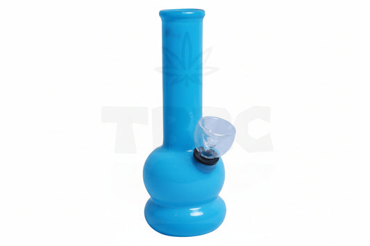 Blue glass water pipe on a white tbbc logo background