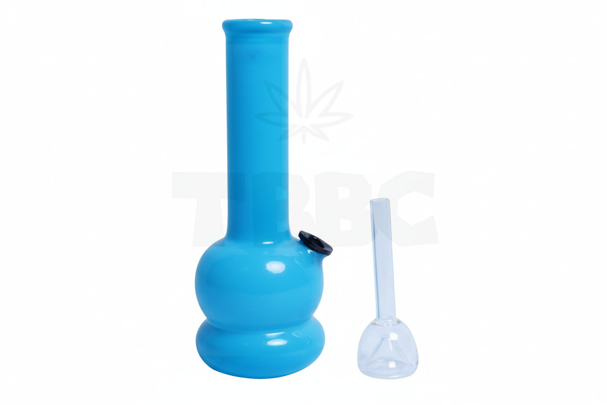 Blue glass water pipe on a white tbbc logo background