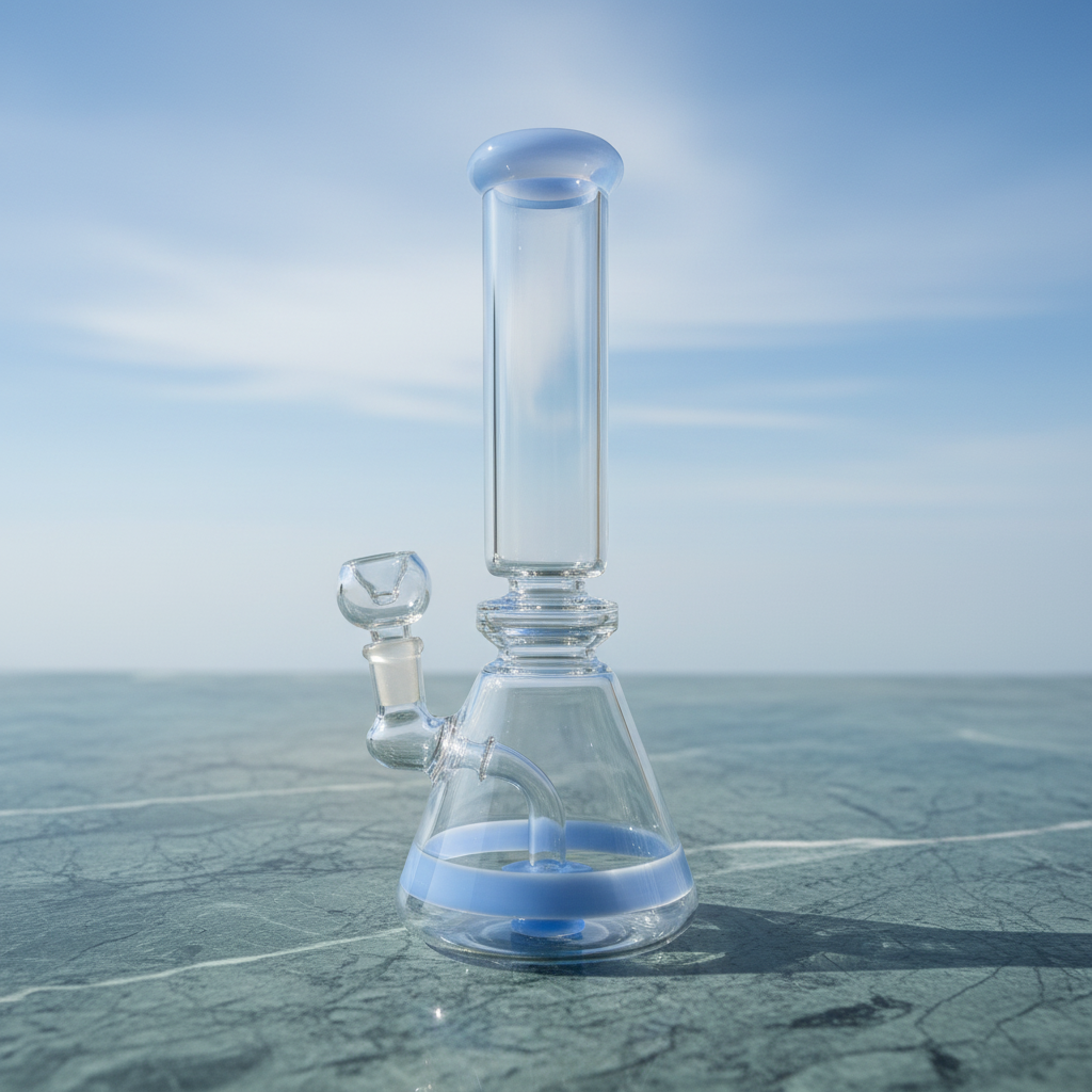 Beaker bong side profile showing 10 inch height and wide base stability, BlueWave design