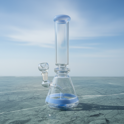 Beaker bong side profile showing 10 inch height and wide base stability, BlueWave design