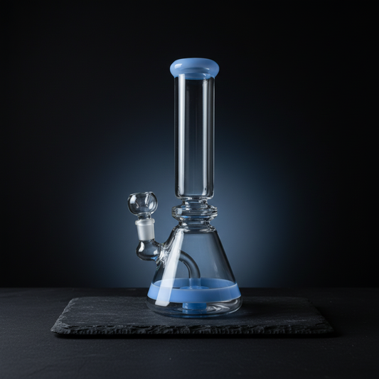 BlueWave beaker borosilicate glass bong 10 inch 14mm joint with blue accents, premium smoking accessory
