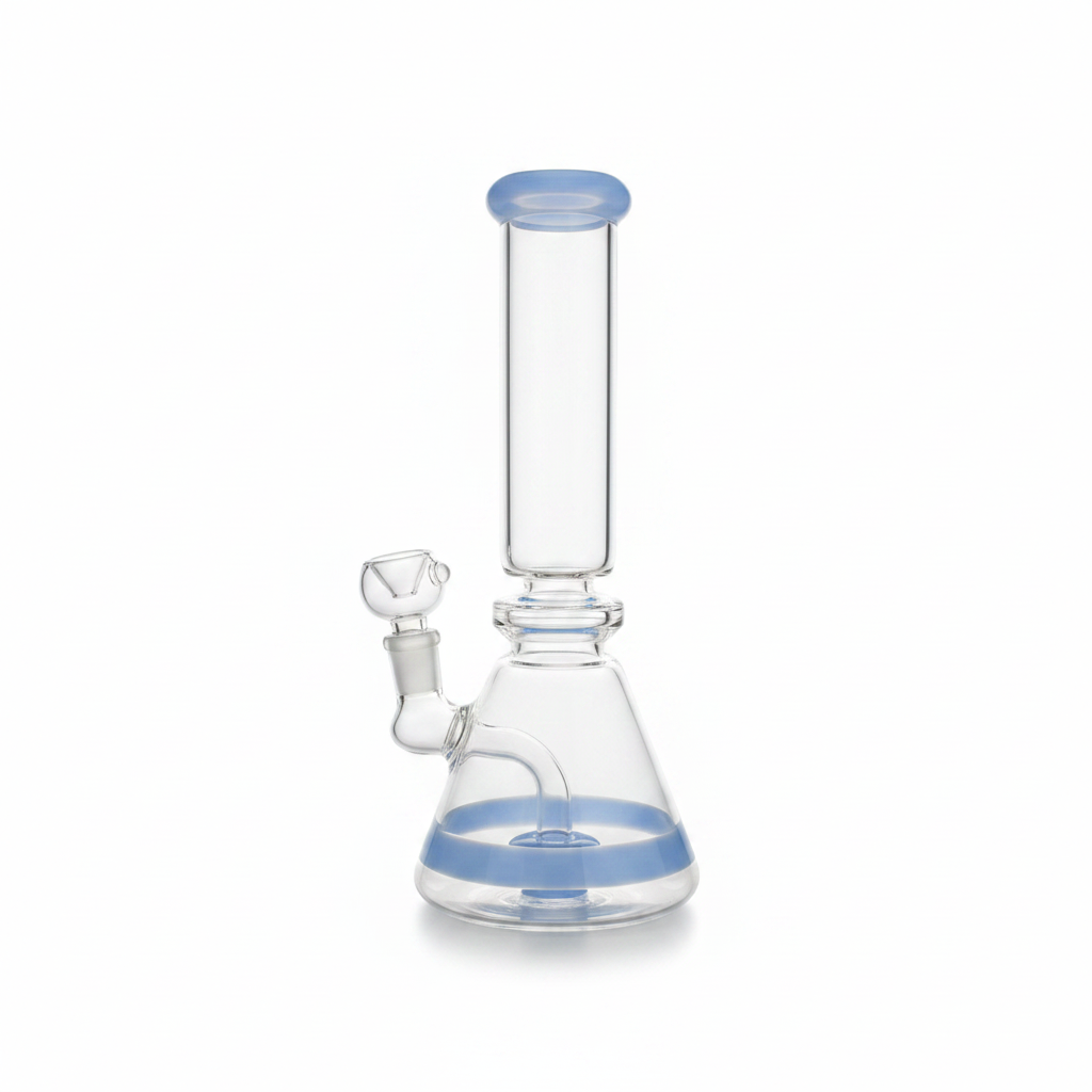 Blue beaker bong with wide stable base and clear chamber, clean modern design close-up