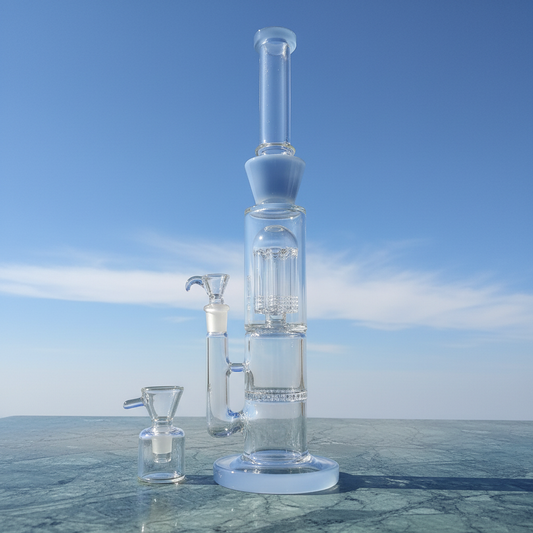 Tall modular perc bong side profile showing 16 inch height and stable base, BlueStack design