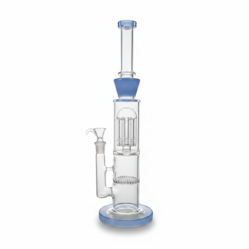 Modular glass bong stacked diffusion chamber close-up, premium borosilicate build with blue accents