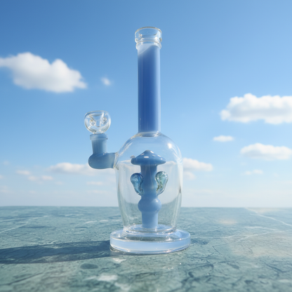 Blue mushroom bong side profile with stable base and tall neck, 11 inch borosilicate glassware