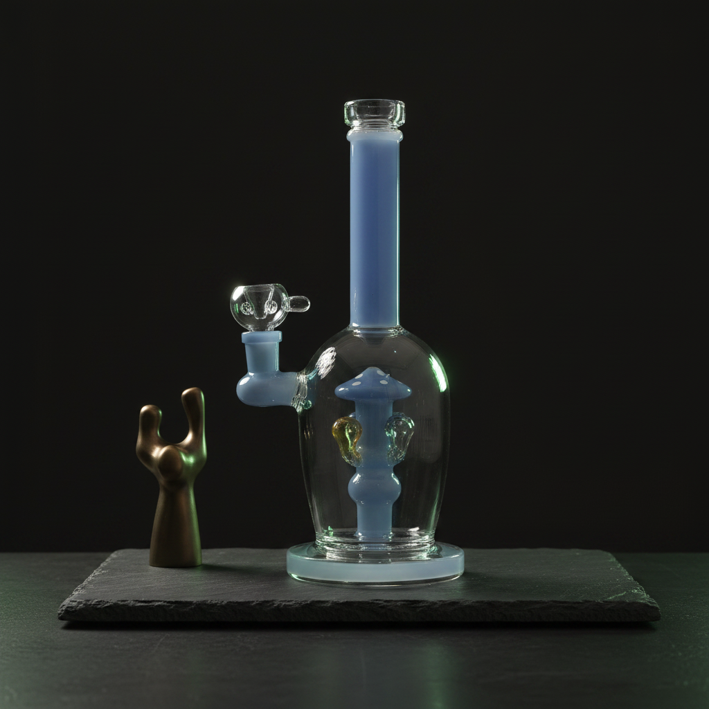 Blue glass bong with mushroom percolator inside chamber, smooth diffusion design