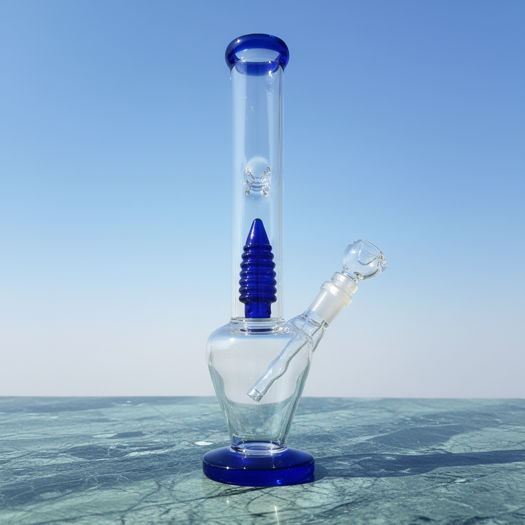 Straight tube bong side profile showing 12 inch height and blue base, BlueBolt design