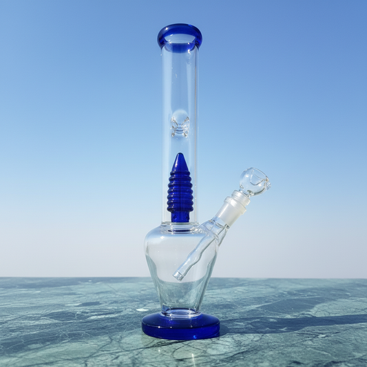 Straight tube bong side profile showing 12 inch height and blue base, BlueBolt design